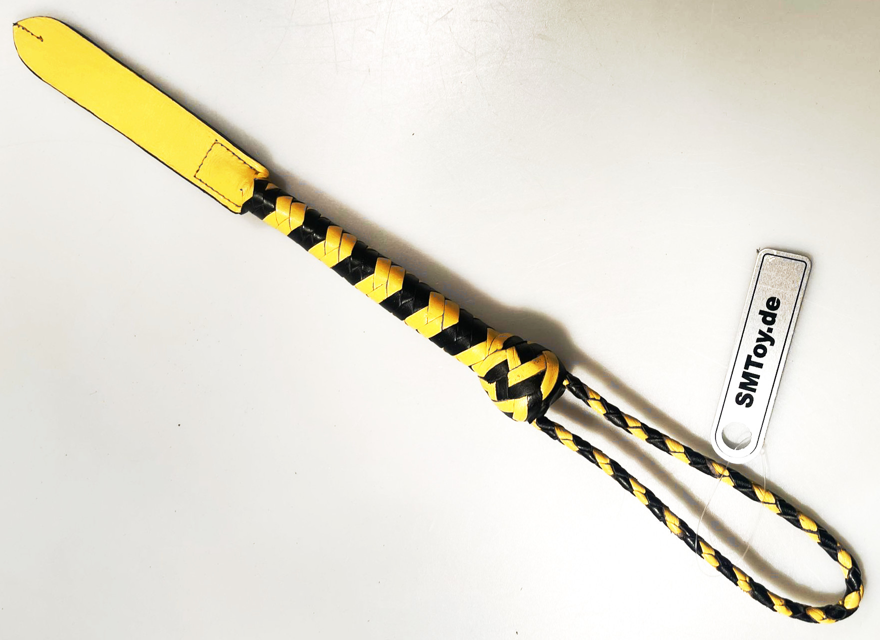 Kurzer Kantschu - Hochwertige Lederpeitsche mit Klatsche 36cm Black-Yellow