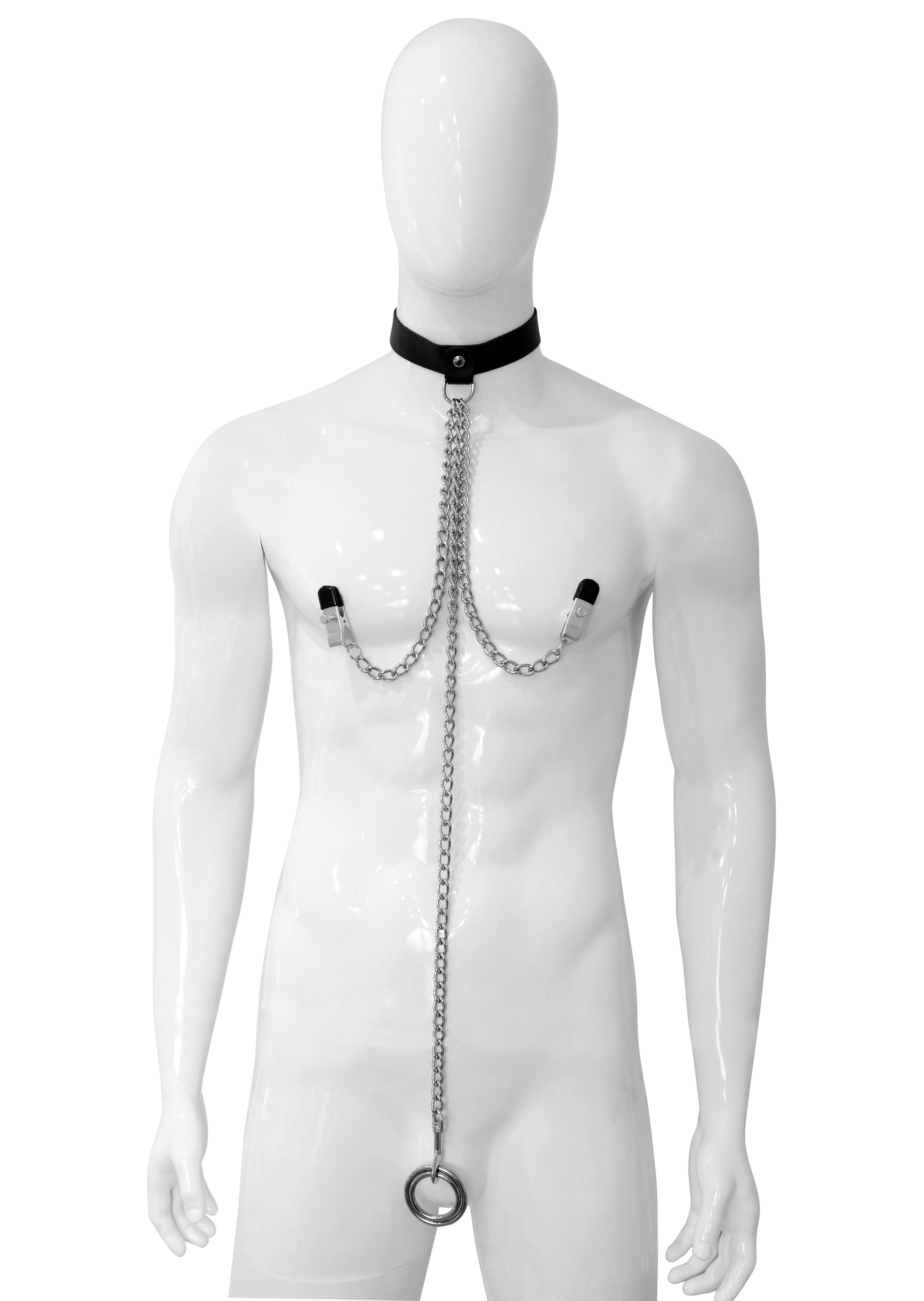 Halsfessel mit Ketten, Klammern und Penis Ringen